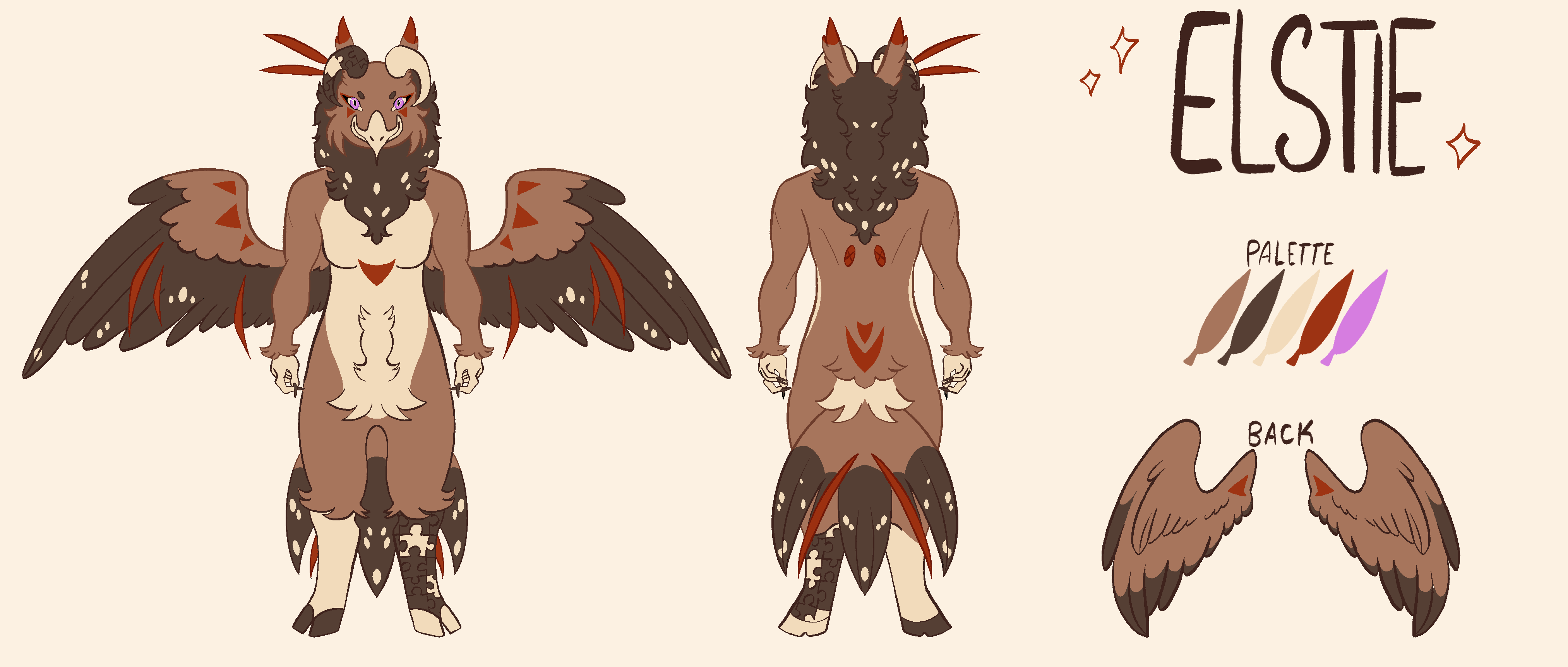 Elstie character reference sheet by CrowTeethh — red-tailed hawk and goat gryphon hybrid with amber feathers and goat horns. Right horn and left leg are rearrangable into anything!